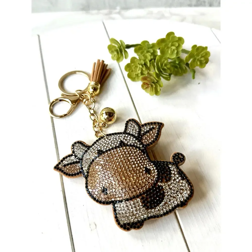 New Bling Black White‎ Spotted Cow Puffy Tassel Keyring Purse Backpack Charm
